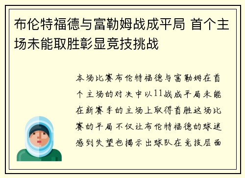布伦特福德与富勒姆战成平局 首个主场未能取胜彰显竞技挑战