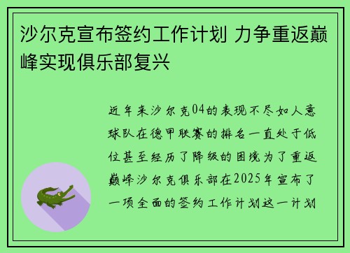 沙尔克宣布签约工作计划 力争重返巅峰实现俱乐部复兴
